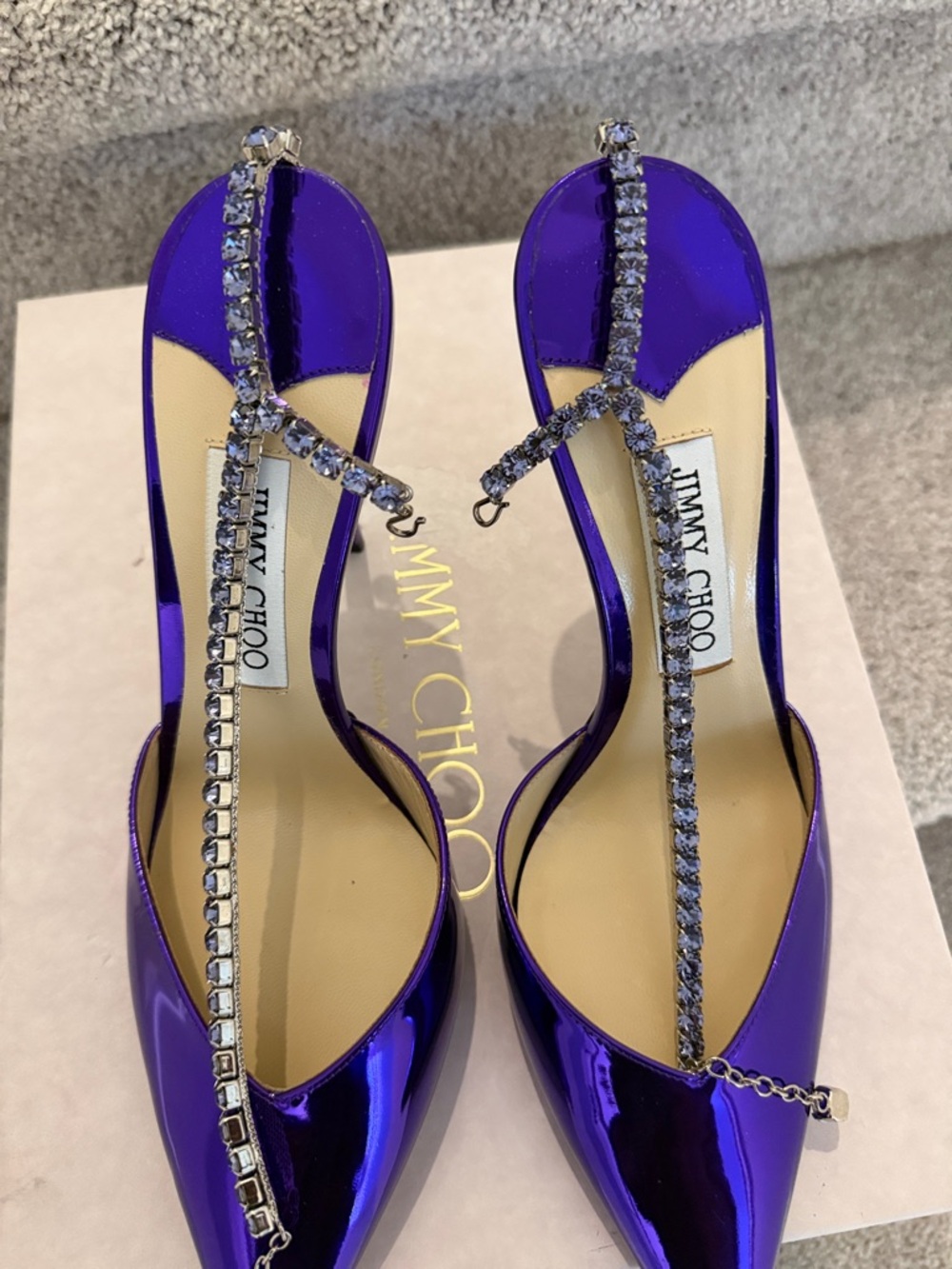 Jimmy Choo Metallic Purple Crystal T-Strap Pointed Slingback Heels - Picture 14 of 17